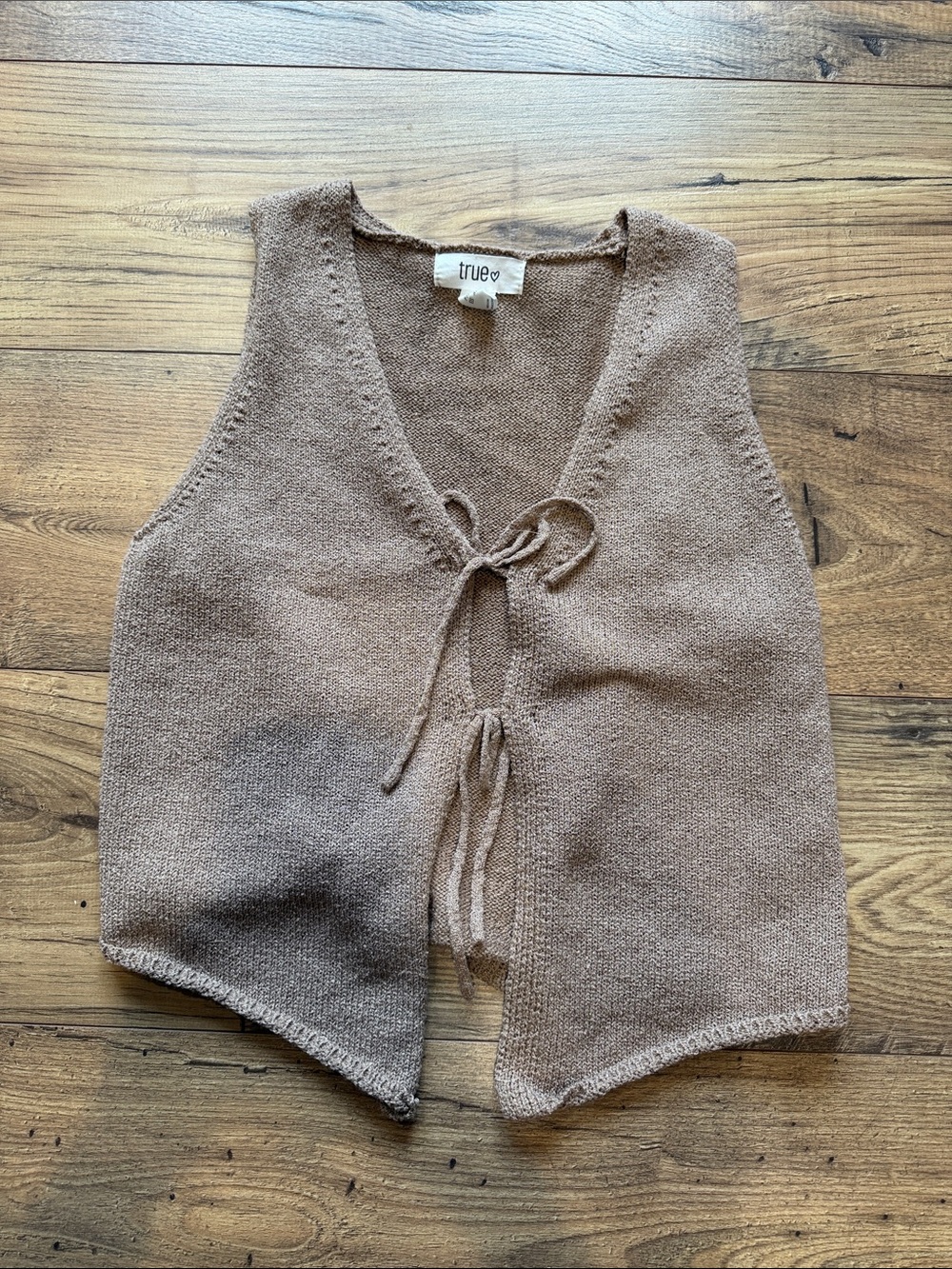 True Vintage-Inspired Taupe Knit Tie-Front Vest